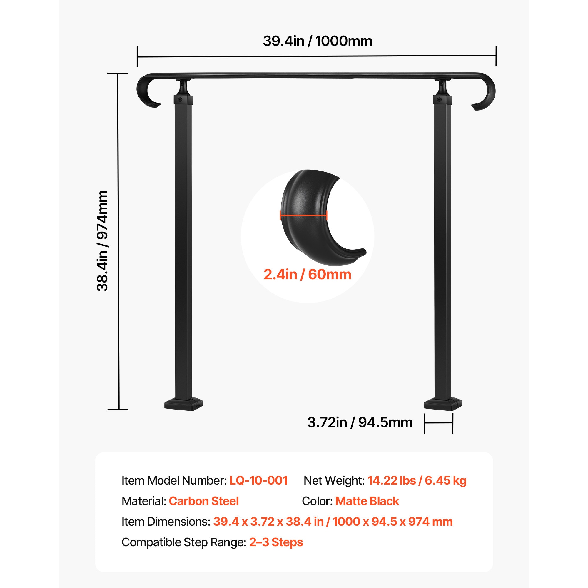 Outdoor Handrail For Steps Adjustable Carbon Steel Matte Black_voghion.com